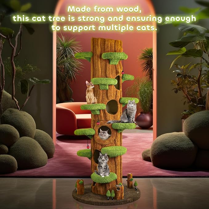 90.5'' Luxury Cat Tree for Indoor Cats, All-in-One Tall Cat Tower with Scratching Post, Multi-Level House, Wood Condo for Multi-Cat Families (Green)-Mewly Pet