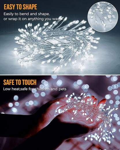 Pure White Battery Operated Fairy Lights, 2 Pack Totally 20 FT 240LED Twinkle Firecracker String Lights, Waterproof Cluster Lights for DIY Indoor Wreath Wedding Bedroom Christmas Decoration