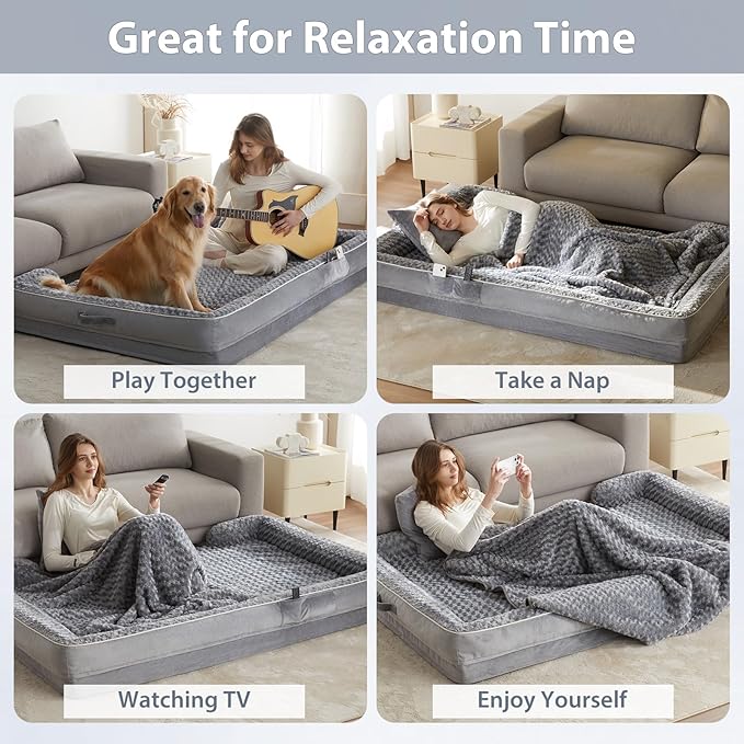 WNPETHOME Human Dog Beds for People Adults, Washable Faux Fur Nap Bed Adult Oval for People, Calming Human Size Giant Dog Bed Fits Pet Families with Storage Pocket Grey-Mewly Pet