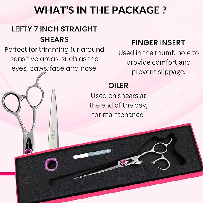 Kenchii Love Left Handed Dog Grooming Scissors, 7 Inch Straight Shears, Dog Scissors for Grooming, Professional Pet Grooming Scissors, Ergonomic & Comfortable-Mewly Pet