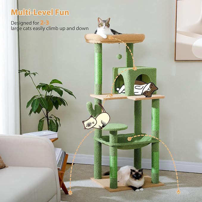 PETEPELA 56.3'' Tall Cat Tree for Indoor Cats, Cactus Cat Tower with Super Large Hammock (20''X16''), Sisal Covered Scratching Posts, Cozy Condo and Top Perch Green-Mewly Pet