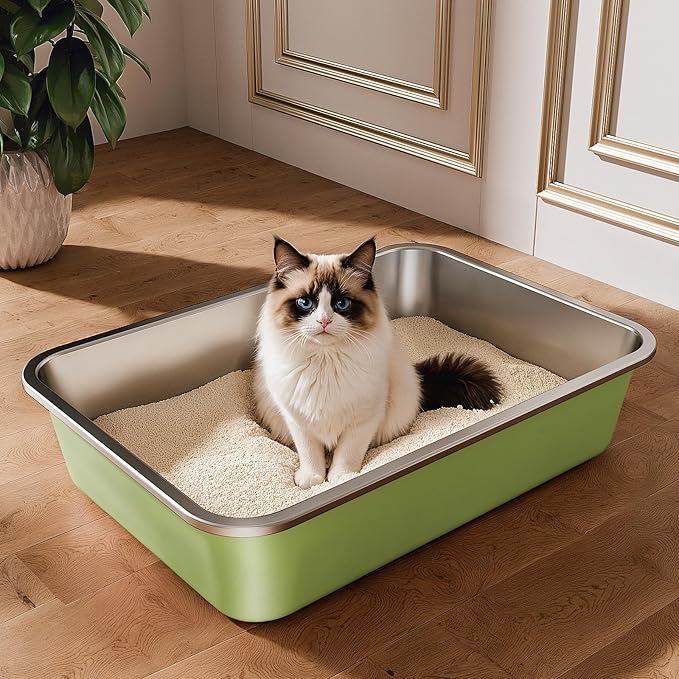 Stainless Steel Litter Box, Large Metal Cat Litter Box with High Sided for Big and Small Cats, Non-Stick, Easy to Clean, Odor-Free, 19.5" L×13.6" W×3.9" H, Leaf Green-Mewly Pet