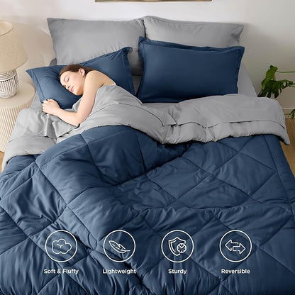 Bedsure Oversized Queen Comforter Set - 7 Pieces Reversible Navy Bedding, Oversized Queen Size Bed Set for All Seasons, Bed in a Bag with Down Alternative Comforter, Sheets, Pillowcases & Shams