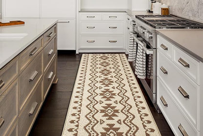 Custom Length Cut to Size Tribal Ethnic Southwestern Inspired Hallway Runner Rug, Non Slip Rubber Backed, 31 inch Wide X Customized Length, Aztec Beige, 31 inch X 10 feet