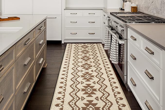 Custom Length Cut to Size Tribal Ethnic Southwestern Inspired Hallway Runner Rug, Non Slip Rubber Backed, 31 inch Wide X Customized Length, Aztec Beige, 31 inch X 6 feet