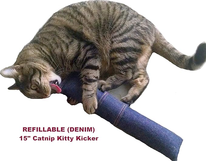 15" Cat Kicker Toy with Refillable Catnip Pocket (Denim) - Filled with Premium Canadian Catnip-Mewly Pet