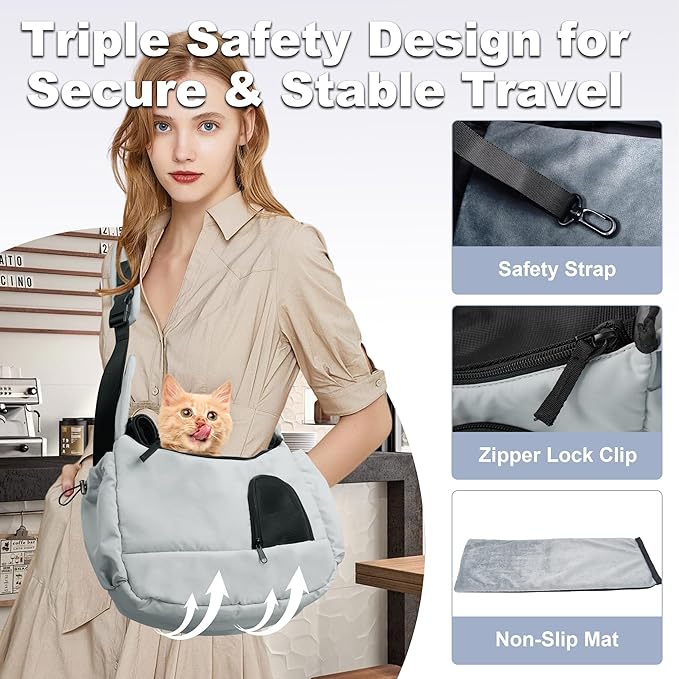 Cat Sling, Dog Carriers for Small Dogs up to 8.8 lbs Kitten and Puppy, Breathable Cats Carrier Pouch Pet Purse with Pockets, Hands-Free Pet Carrier with Safety Harness for Travel, Gray-Mewly Pet