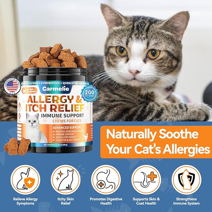 Cat Allergy Relief Chews 200 pcs - Cat Itchy Skin & Paw Licking Relief - Omega 3 & Probiotic for Cats - Anti-Itch Relief for Skin & Coat Health, Immune Support, Seasonal Allergies - Chicken Flavor-Mewly Pet