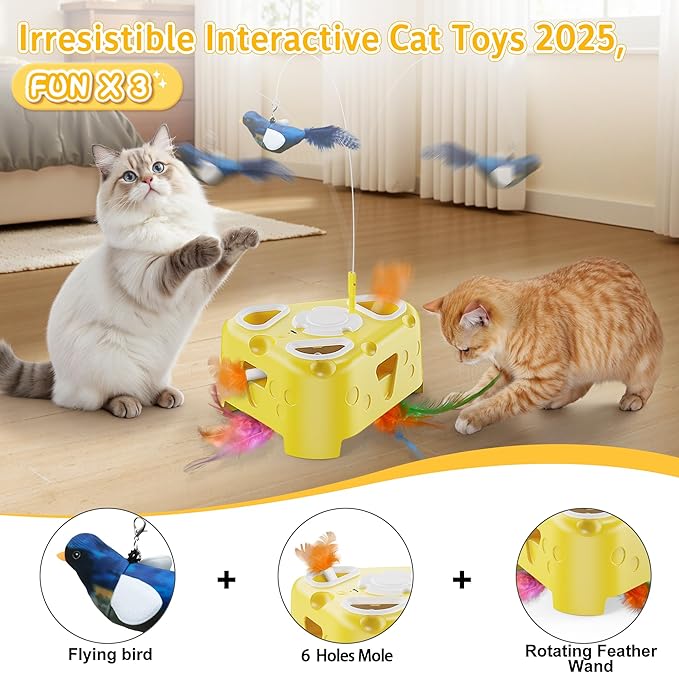 3-in-1 Interactive Cat Toy for Indoor Cats,Automatic Kitten Toys,Flying Bird,6 Holes Mole,Rotating Feather, USB Rechargeable Electronic Interactive Feather Toy for Bored Adult & Kitten Cats-Mewly Pet