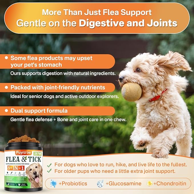 5-in-1 Dog Flea and Tick Treatment Chewable, Natural Flea and Tick Prevention for Dogs Chewable - Flea & Tick | Hip & Joint | Skin & Coat | Immunity Support | Digestive for All Breeds & Sizes-Mewly Pet