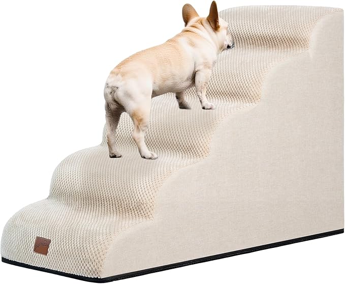 GoGoBunny Ramp Dog Stairs for High Beds 22.6" H, 5-Step Dog Slope Stairs with Durable Waterproof Fabric Cover, Pet Steps for Old Large Dogs Climbing, Non-Slip Sturdy Indoor Step, Beige-Mewly Pet