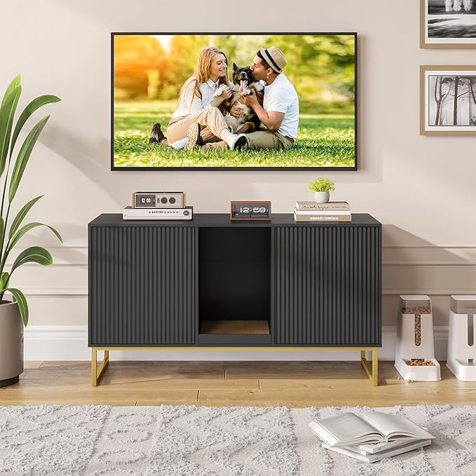 Litter Box Enclosure for 2 Cats, Fluted Hidden Cat Litter Box Furniture with Scratch Pad and Metal Legs, Modern Double Room Kitty House for Living Room, Washroom, 47.2”L x 17.7”W x 25.9”H, Black-Mewly Pet