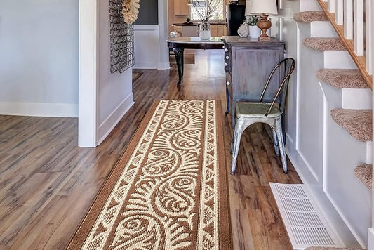 Custom Length Cut to Size Tribal Ethnic Southwestern Inspired Hallway Runner Rug, Non Slip Rubber Backed, 31 inch Wide X Customized Length, Mayan Brown, 31 inch X 12 feet