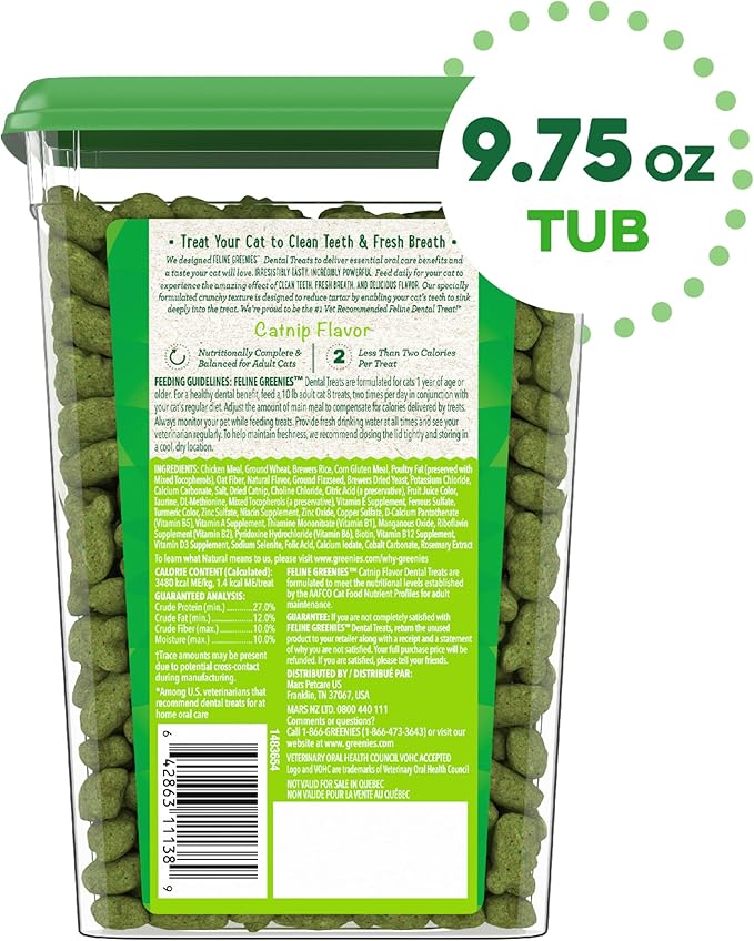 Greenies Feline Adult Dental Cat Treats, Catnip Flavor, 9.75 oz. Tub-Mewly Pet