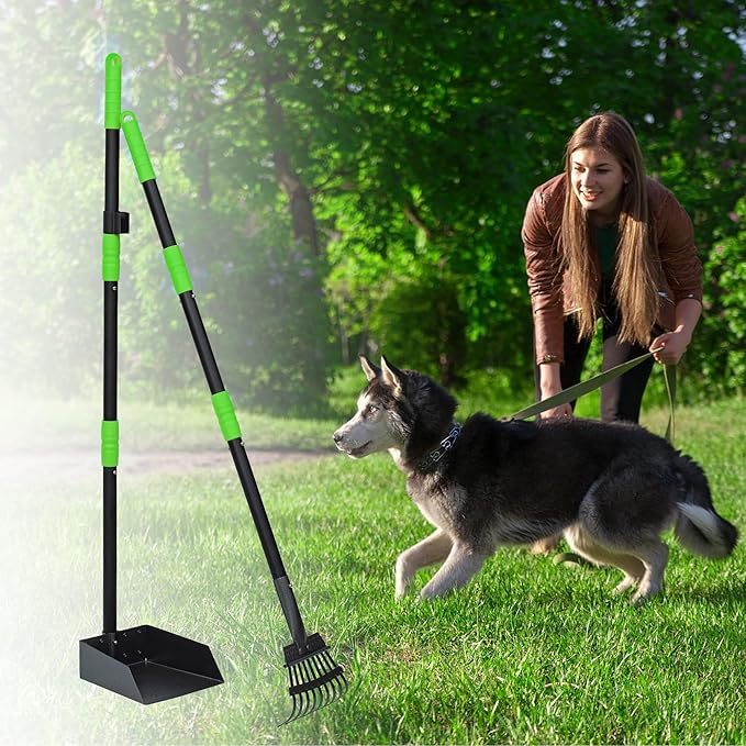 Niubya Pooper Scooper for Dogs, Metal Poop Scooper Tray and Rake Set with Adjustable Long Handle, Dog Pooper Scooper for Pet Waste Removal-Mewly Pet