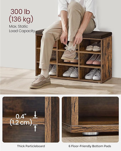 VASAGLE CUSTOS Collection - Shoe Bench, Storage Bench with Padded Seat, Entryway Bench with 9 Compartments, for Bedroom, 11.9 x 30.9 x 18.9 Inches, Rustic Brown and Chestnut Brown ULHS009B01