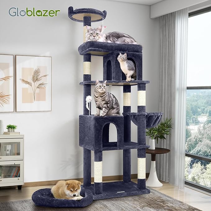 Globlazer Heavy Duty Cat Trees for Large Cats, Sturdy 72in Maine Coon Cat Tree for Large Cats 20 lbs+ Heavy Duty Cat Tower for Adult Biggest Cat with 6 Scratching Posts, Hammock, S72, Smoky Gray-Mewly Pet