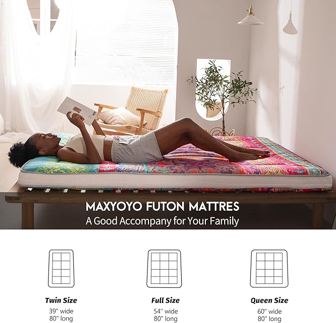 MAXYOYO Full Size Futon Floor Mattress Shikibuton Sleeping Mats for Adults, Floor Futon with High-Density Foam, Portable Mattress for Living Room, Guest Room, Bohemian B