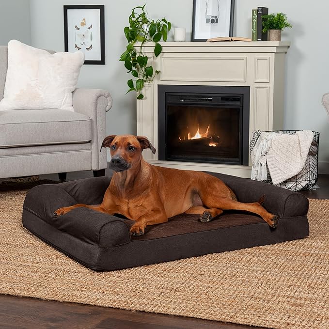Furhaven Orthopedic Dog Bed for Large Dogs w/ Removable Bolsters & Washable Cover, For Dogs Up to 95 lbs - Sherpa & Chenille Sofa - Coffee, Jumbo/XL-Mewly Pet
