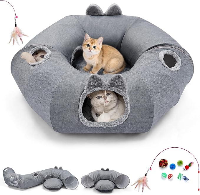 Odoland Summer Linen Cat Tunnels for Indoor Cats with Cooling Central Cat Bed, Interactive Cat Toys Detachable Soft Mat and Variety Kitty Toy Set Grey-Mewly Pet
