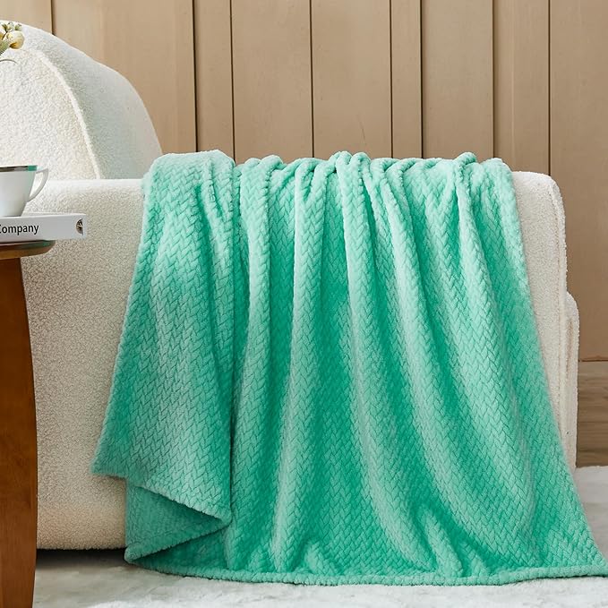 NEWCOSPLAY Super Soft Queen Blanket Aqua Premium Silky Flannel Fleece Leaves Pattern Lightweight Bed Blanket All Season Use (Aqua, Queen(90"x90"))