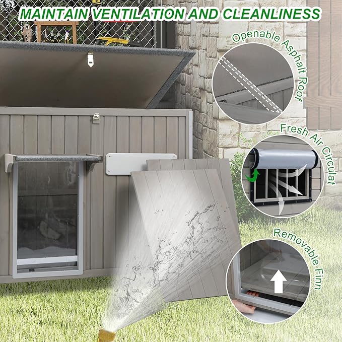 Dog House Outdoor Weatherproof & Wooden Dog Kennel with Chew-Proof Iron Frame，Removable Floor, Adjustable Vent Window, Easy Assembly for Large and Medium Dogs 43.3" D x 29.5" W x 33.5" H-Mewly Pet