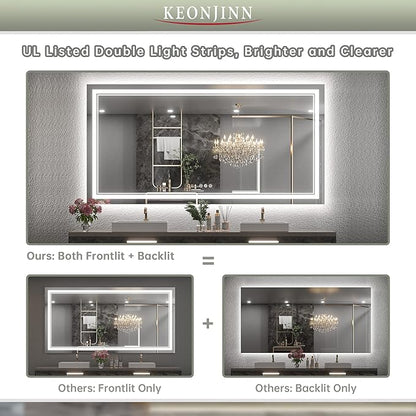 Keonjinn LED Bathroom Mirror 72" x 36" with Backlit and Frontlit, Tempered Glass Stepless 3 Colors Temperature & Dimmable Large Vanity Mirror, UL Listed LED Driver, Double Lights Anti-Fog Wall Mirror