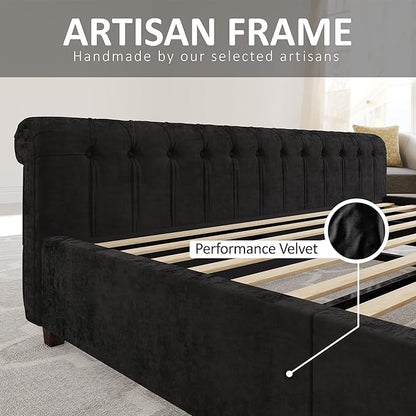 AMERLIFE King Size Platform Bed Frame, Velvet Upholstered Sleigh Bed with Scroll Wingback Headboard & Footboard/Button Tufted/No Box Spring Required/Easy Assembly/Black