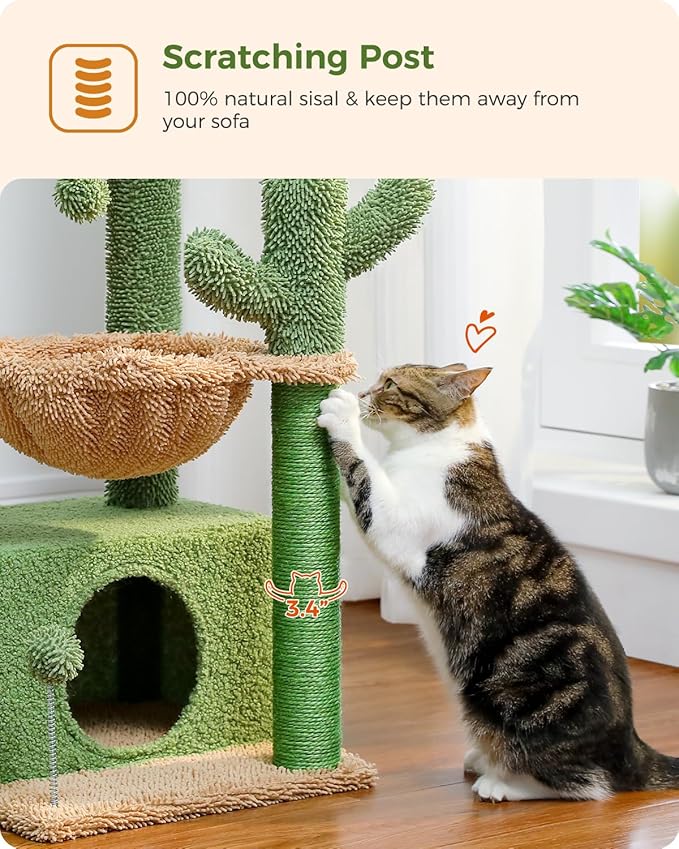 PEQULTI 4-in-1 Cactus Cat Tree, 33'' Cat Tower for Indoor Cats with Large Condo, Cat Scratching Post for Cats with Deep Hammock& Cozy Top Perch,Green-Mewly Pet