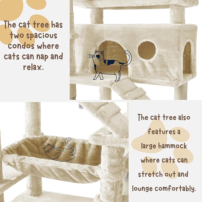 Cat Tree, 80-Inch Large Cat Tower with 9 Scratching Posts, 2 Perches, 2 Caves, 2 Basket, 2 Stairs, Extra Large Hammock, Pompoms, Multi-Level Plush Cat Condo for Indoor Cats/Beige-Mewly Pet