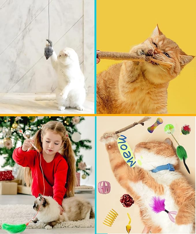 Fashion's Talk Cat Toys 50 Pcs for Indoor Cats,Interactive Door Hanging Mice Feather Toy Cat Spring Toy Cat Wand Catnip Crinkle Balls Silvervine Sticks Balls Kitten Toys Bulk-Mewly Pet