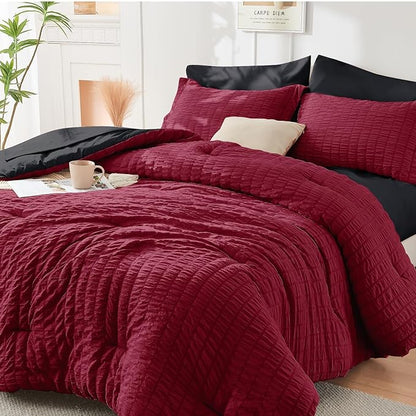 HYMOKEGE Red & Black Twin XL Comforter Set Seersucker 5 Pieces, All Season Luxury Bed in a Bag for Bedroom, Bedding Set with Comforter, Sheets, Pillowcase & Sham