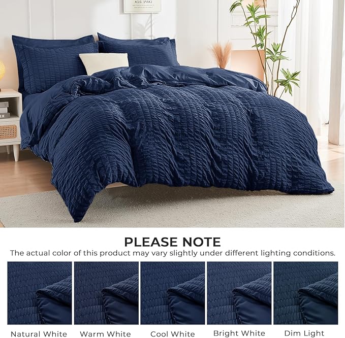 HYMOKEGE Navy Blue Twin XL Comforter Set Seersucker 5 Pieces, All Season Luxury Bed in a Bag for Bedroom, Bedding Set with Comforter, Sheets, Pillowcase & Sham