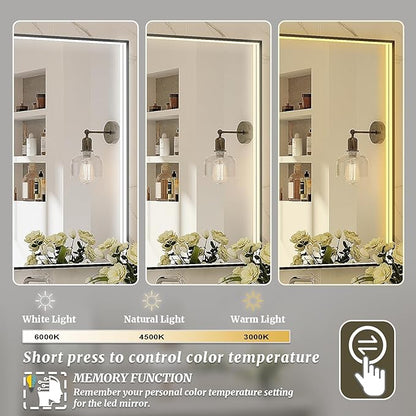 55x32 Inch LED Bathroom Mirror, Black Metal Framed Lighted Mirror for Bathroom, Wall Mouted LED Vanity Mirror with Lights, 3 Colors and Stepless Dimmable, Anti-Fog, Memory