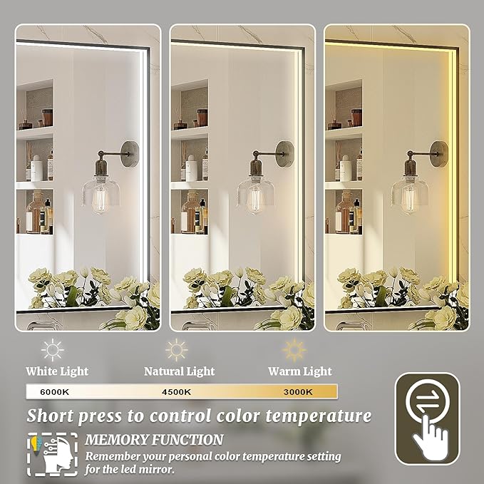 48x28 Inch LED Bathroom Mirror, Black Metal Framed Lighted Mirror for Bathroom, Wall Mouted LED Vanity Mirror with Lights, 3 Colors and Stepless Dimmable, Anti-Fog, Memory