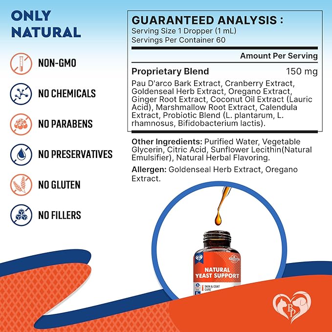 Natural Cats & Dogs Yeast Infection Anti Itch Treatment - Itchy Ears, Skin & Allergy Symptoms Relief - Reduces Inflammation & Relieves Irritation - Herbal Medicine Supplement Drops-Mewly Pet