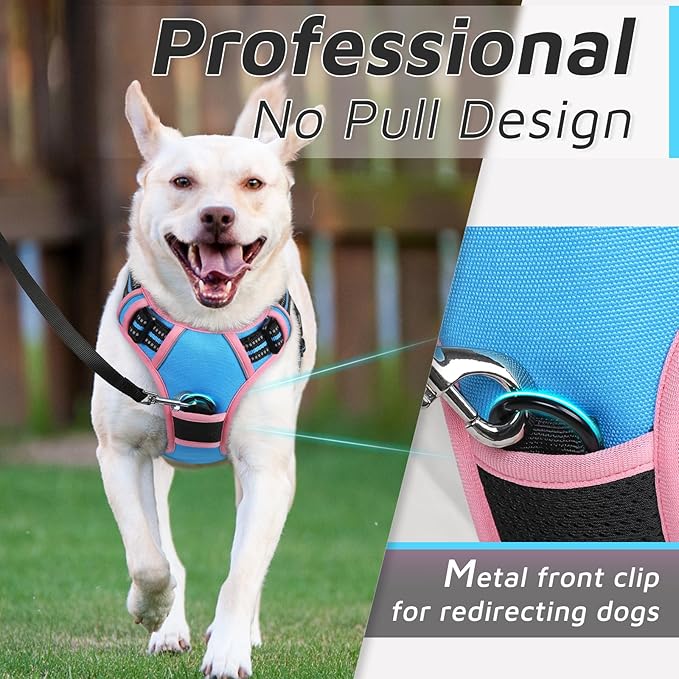 Eagloo Dog Harness for Large Dogs, No Pull Service Vest with Reflective Strips and Control Handle, Adjustable and Comfortable for Walking, No Choke Pet Harness with 2 Metal Rings, Pink & Blue, L-Mewly Pet