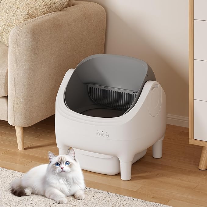 Greesum Automatic Self-Cleaning Litter Box for Cats - Open-Top Design, Easy Odor Control, Smart APP Control, 15L Large Waste Bin, Includes Trash Bags & Mat (Grey)-Mewly Pet