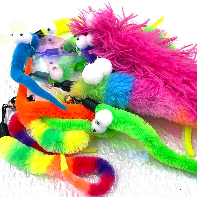 Cat Worm Teaser Toys Wand Attachments Fishing Pole Toy Refill - 16pcs Assorted Cat Worms-Mewly Pet
