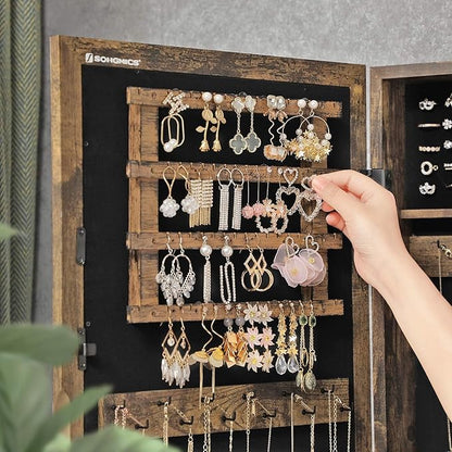 SONGMICS Lockable Jewelry Cabinet Armoire with Mirror, Wall-Mounted Space Saving Jewelry Storage Organizer, Christmas Gift, Rustic Brown UJJC051K01