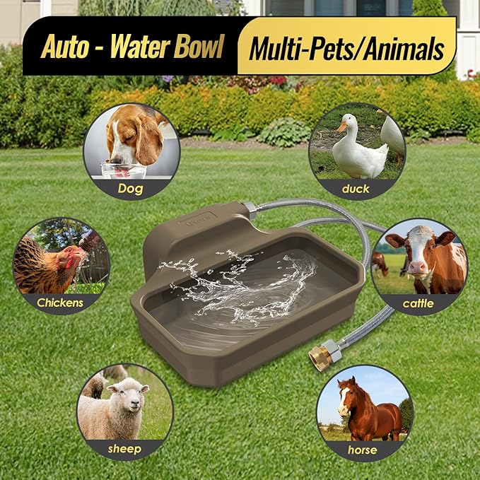 135OZ Automatic Water Dispenser for Dogs Patented Automatic Dog Water Bowl Fit 3/4'' GHT Male Faucet Outdoor Large Dog Water Bowl Include Water Hose Copper Connector Large Drinking Area Brown-Mewly Pet