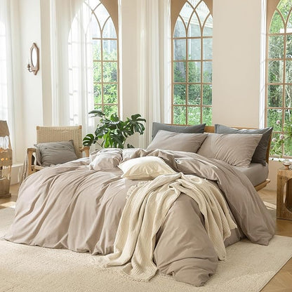 MooMee Bedding Duvet Cover Set 100% Washed Cotton Linen Like Textured Breathable Durable Soft Comfy (Heathered Taupe, Full 80"x90")