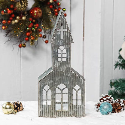 Church Shaped Tea Light Candle Holder Farmhouse Galvanized Metal Candle Holder Vintage Decorative Tealight Holder for Table Centerpiece Decoration - 5.51" x 2.36" x 12.8"