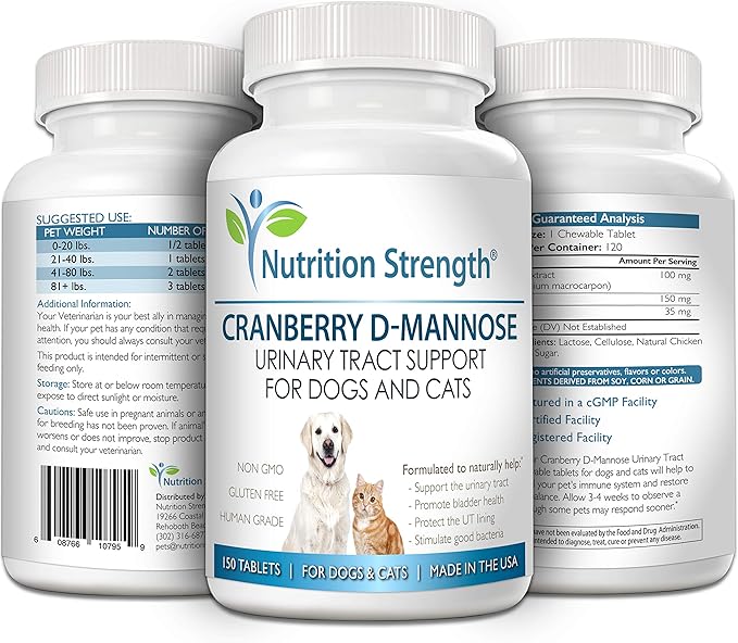 Cranberry D-Mannose for Dogs, Support for Bladder & UTI, Pet Urinary Tract + Immune Health Supplement, Cranberry for Dogs with D-Mannose & Vitamin C, 150 Chewable Tablets-Mewly Pet