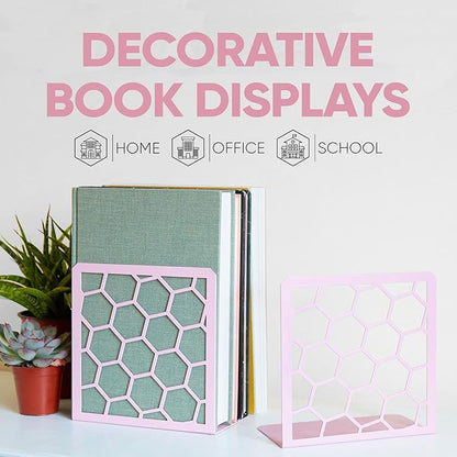 GEOMOD Geometric Honeycomb Pink Metal Bookends Decorative - Tall Sturdy Book Ends for Shelves - Modern Heavy Duty Bookend Stopper - Office or Home Book Shelf Book Holder - 6x3.25x6.25 Inches - 1 Pair