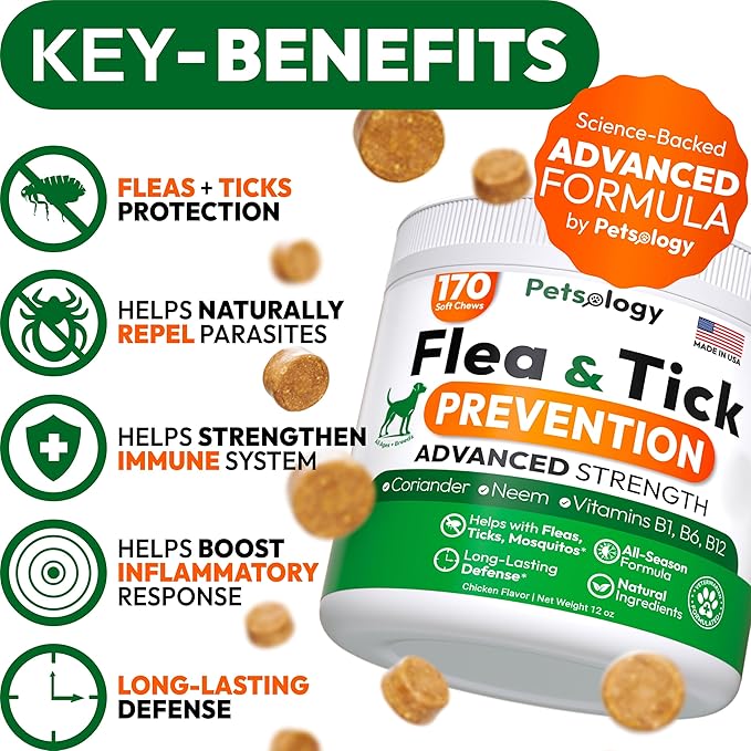 Flea and Tick Prevention for Dogs Pills - Natural Dog Flea & Tick Control - 170 Soft Chewables - Oral Defense Treatment for Dogs Supplement - Vet Formulated Chews - All Breeds & Ages - Made in USA-Mewly Pet