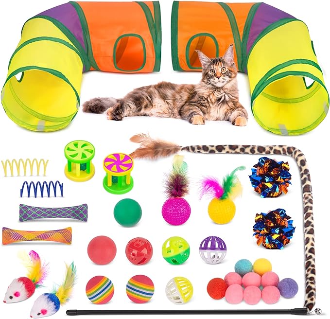 Retro Shaw Cat Toys Kitten Toys, Interactive Cat Tunnels Toy for Indoor Cats Kitty, Kitten Tube Tent Feather Wand Teaser Bell Fuzzy Ball Springs Mouse (33 Pcs Large Cat Tunnel Toys Set)-Mewly Pet