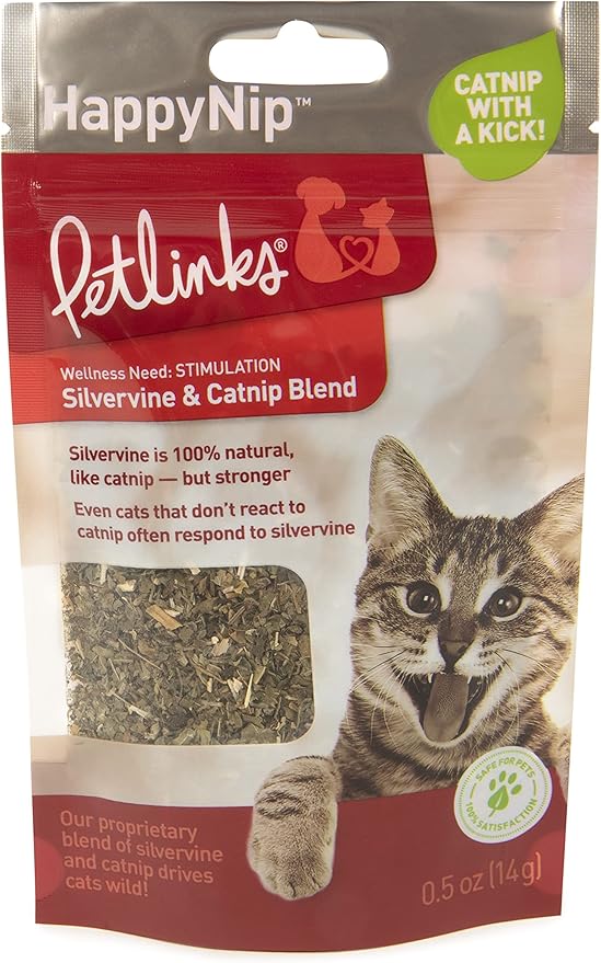 Petlinks HappyNip Catnip & Silvervine Blend for Cats & Kittens, Highly Potent Stimulant/Attractant, Great for Finicky Felines, Resealable Pouch - 0.5 oz-Mewly Pet