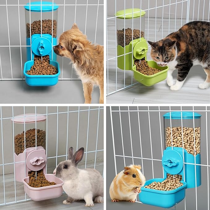 VANNON Small Animal Hanging Automatic Food Dispenser, 35oz Gravity Pet Feeder for Cage, Food Bowl for Rabbit Puppy Cat Ferret Guinea Pig Chinchilla Parrot (Pink)-Mewly Pet