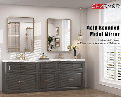 24x30 Gold Bathroom Mirror, Rounded Rectangle Gold Frame Mirror, Brushed Gold Brass Bathroom Vanity Mirror Wall-Mounted, Anti-Rust, Hangs Horizontally or Vertically